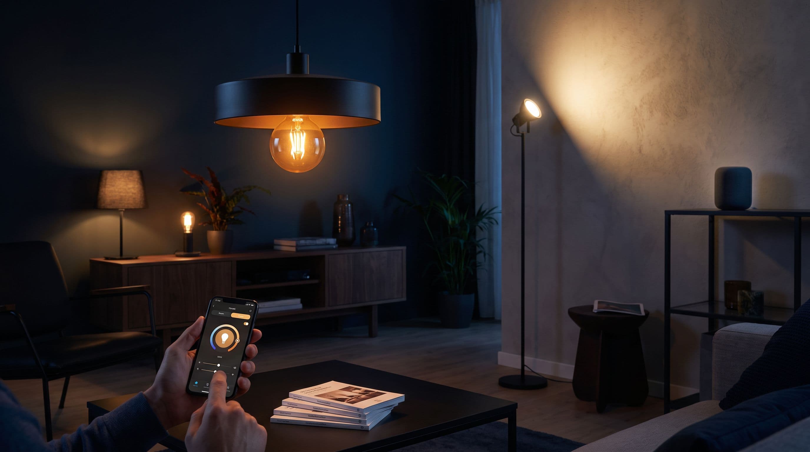 Un salon plongé dans la pénombre, éclairé par une ampoule connectée